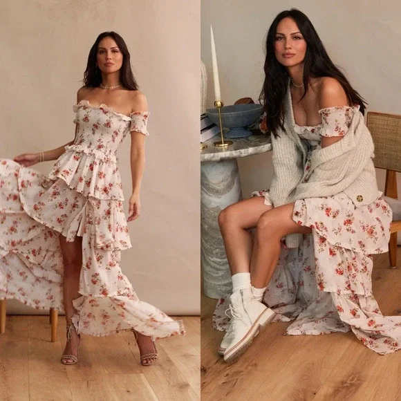 🆕 V. CHAPMAN The Angelina Tiered Dress in Natural Dainty Floral Sz 6 - Picture 2 of 9